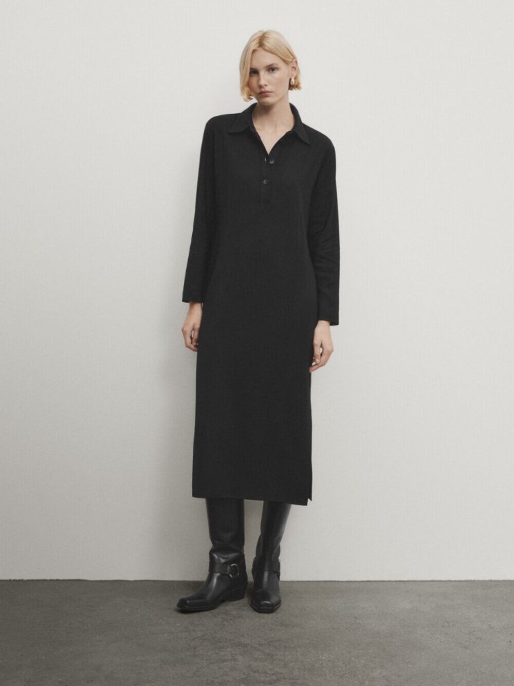 Massimo Dutti Black Collared Long Maxi Shirt Dress